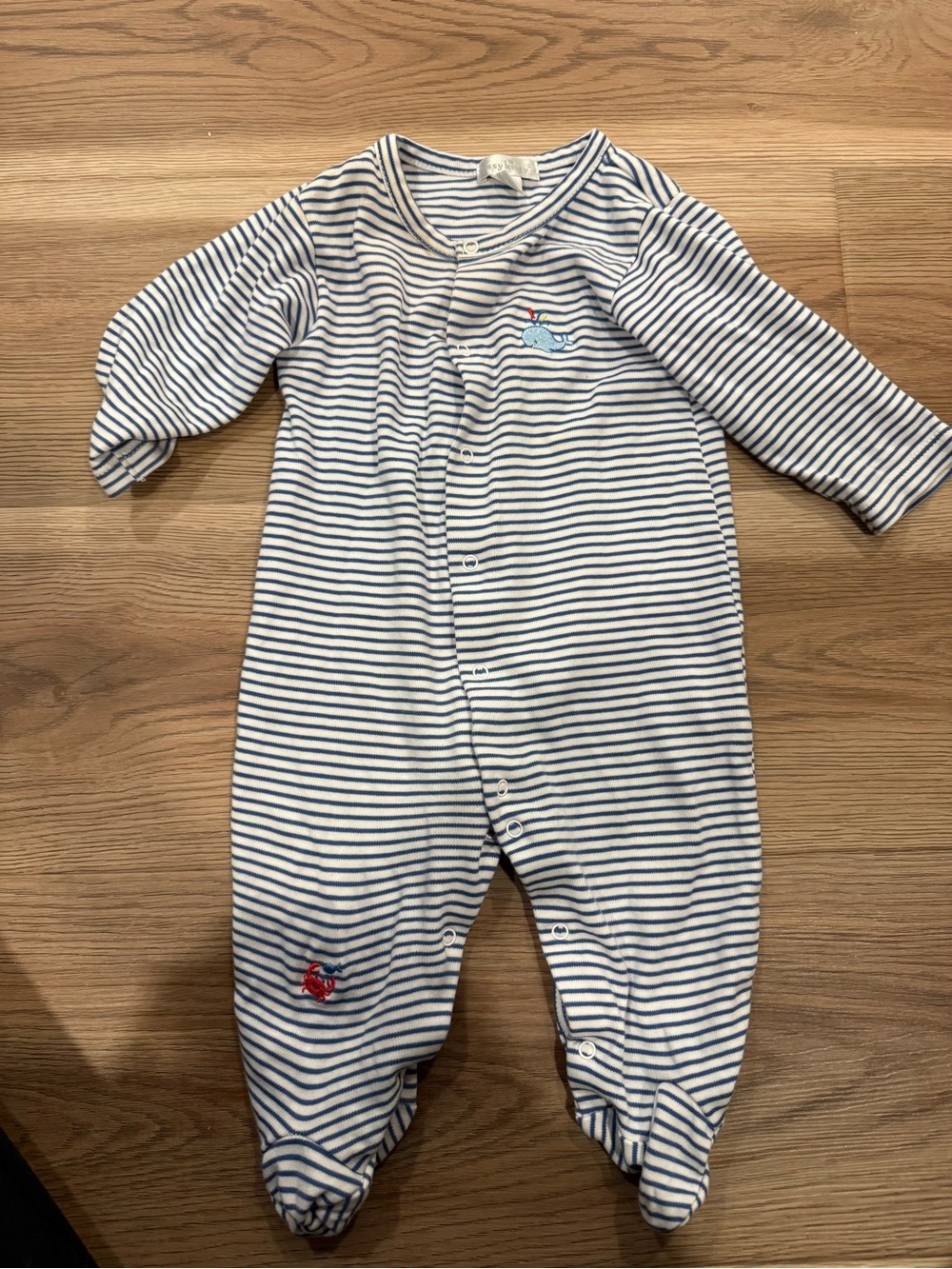Blue & White Striped Footed One-Piece with Whale Detail
